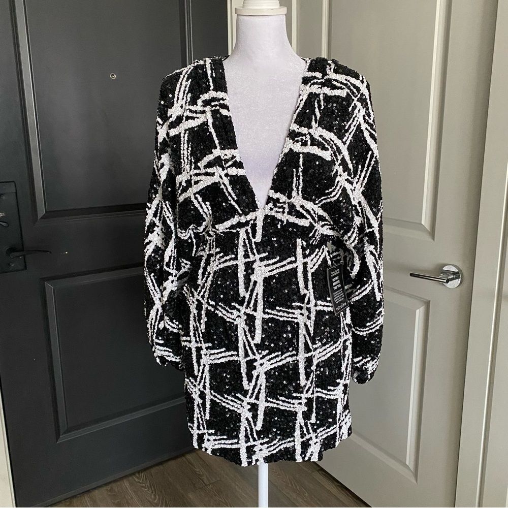 NWT Retrofete Aubrielle Black and White Sequins Long Sleeve Mini Dress Size S - Picture 3 of 11